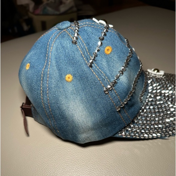 BRAND NEW GORGEOUS BLING Distressed Denim Adjustable  Baseball Hat - Picture 5 of 7